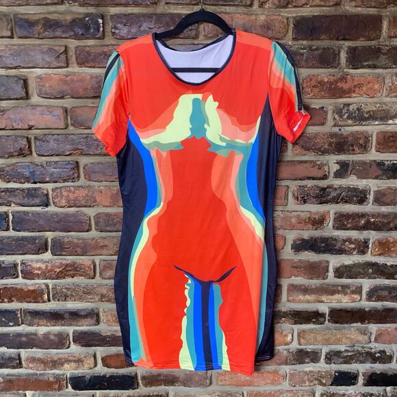 Blush Mark Abstract Body Print Short Sleeve Mini T-Shirt Dress Women's Size XL - Picture 1 of 6